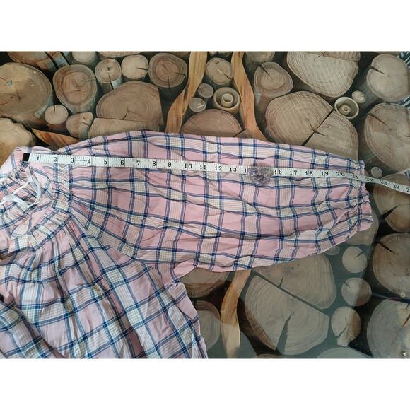 GAP Plaid Gathered Blouse Puff Sleeve Pink Blue White Button Front Top Large - Picture 6 of 12